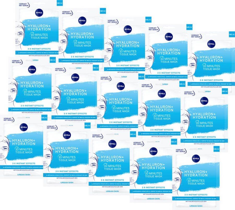 NIVEA 10 Minutes Hyaluron Hydrating Tissue Masker Gezichtsmasker Droge huid Hyaluronzuur – Aloë vera 15 stuks