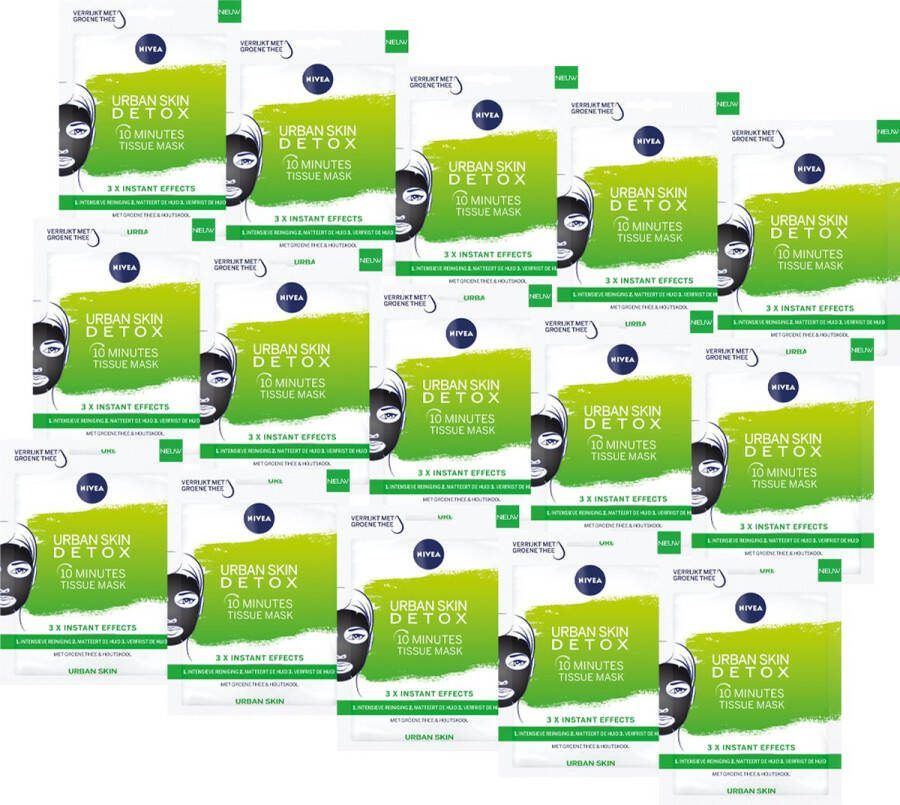 NIVEA 10 Minutes Urban Skin Detox Tissue Masker Gezichtsmasker Gezichtsreiniger Groene thee Houtskool 15 stuks