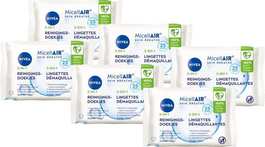 NIVEA 3-in-1 Skin Breathe Micellair Reinigingsdoekjes Make-up Remover Doekjes Vitamine E Geschikt voor waterproof make-up Gezicht Wassen 6 x 25 stuks