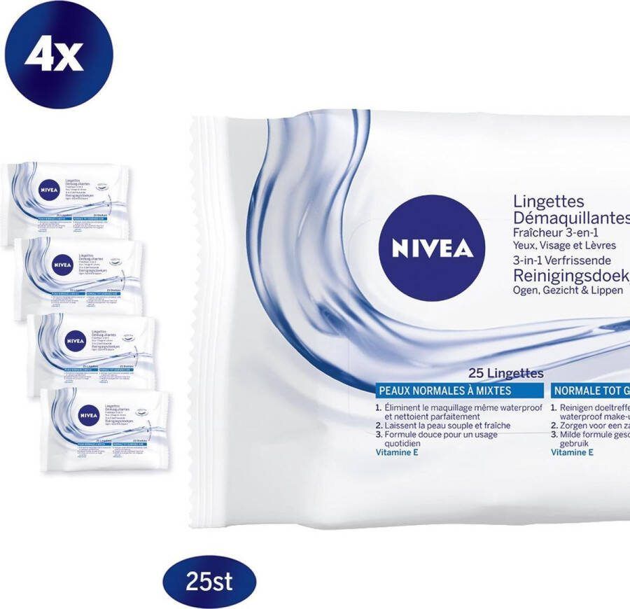 NIVEA 3-in-1 Verfrissende Reinigingsdoekjes Norm. Gem. Huid 4x25stuks