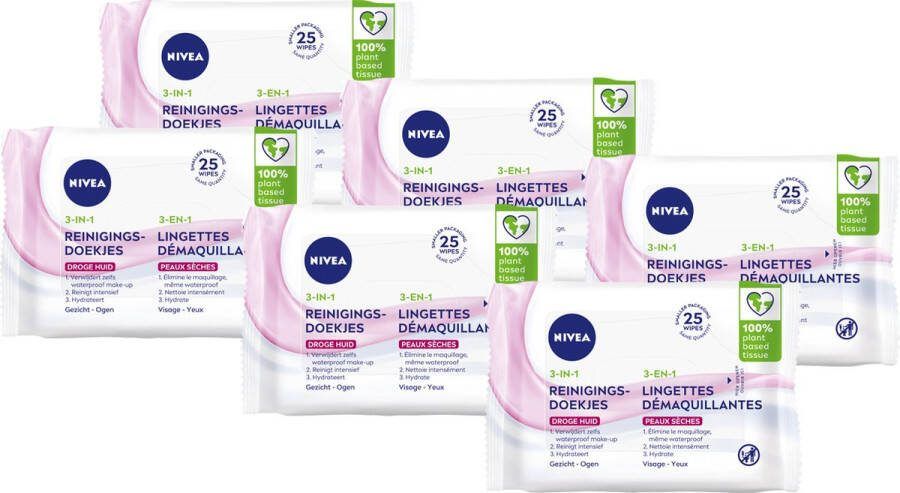 NIVEA 3-in1 Verfrissende Reinigingsdoekjes Make-up Remover Doekjes Droge huid Amandelolie Gezicht Wassen 6 x 25 stuks