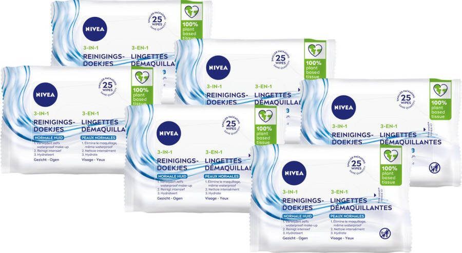 NIVEA 3-in1 Verfrissende Reinigingsdoekjes Make-up Remover Doekjes Normale tot gemengde huid Lotusbloemextract Gezicht Wassen 6 x 25 stuks