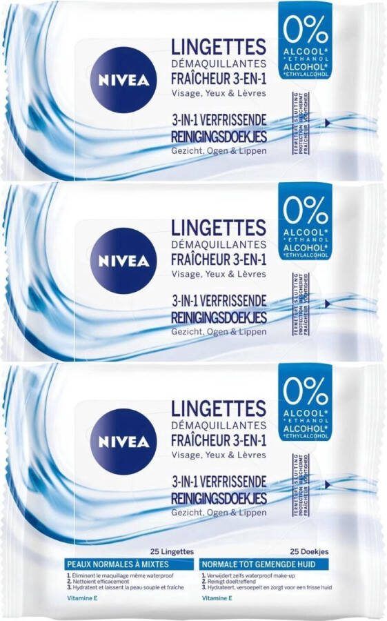 NIVEA 3in1 Makeup Reinigingsdoekjes Voor Gezicht Ogen en Lippen 3 x 25st Verwijdert Reinigt en Hydrateert Zonder Alcohol