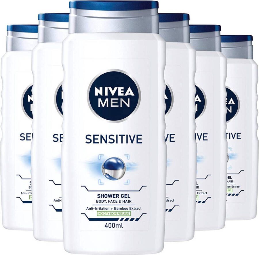 Nivea Men Sensitive 3in1 Douchegel Gezicht lichaam en haar 6x 400ml Voordeelverpakking