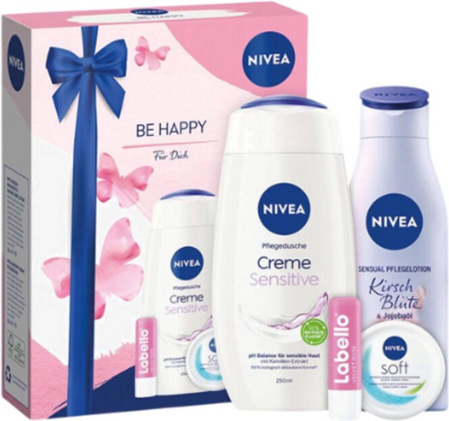 NIVEA Be Happy Geschenkset Douchegel 250 ml + Bodylotion 200 ml + Soft crème 50 ml + Labello Lipbalsem 1 Set