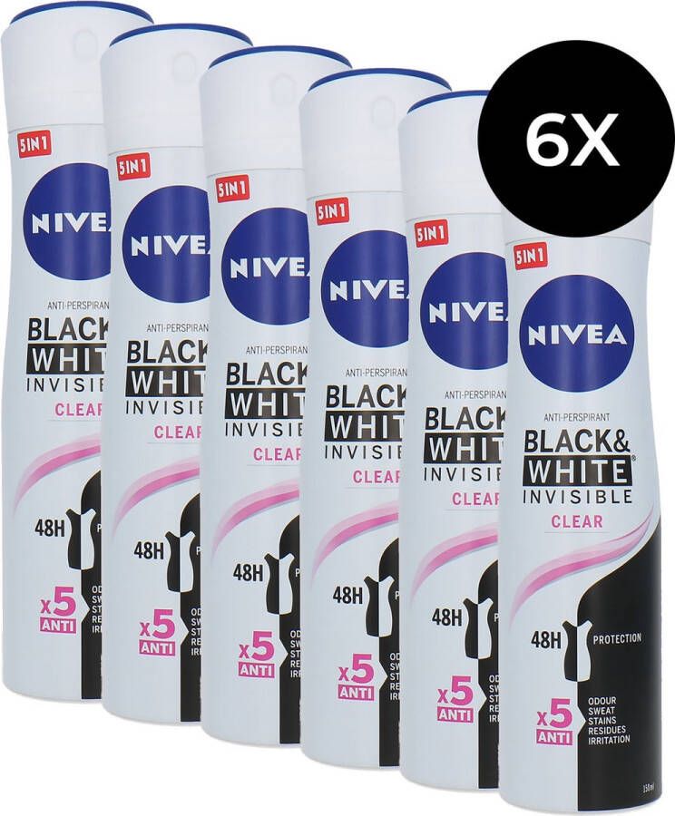 NIVEA Black & White Invisible Clear Deodorant Spray 6 x 150 ml
