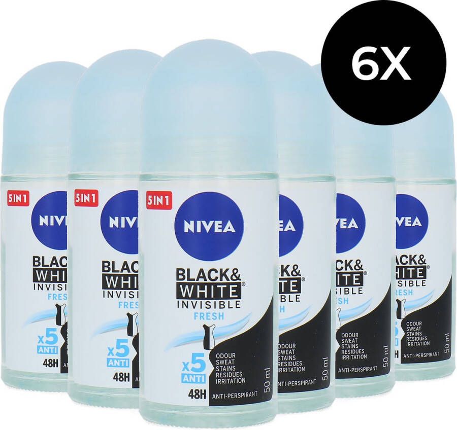 NIVEA Black & White Invisible Fresh Anti Perspirant Deo Roller 6 x 50 ml