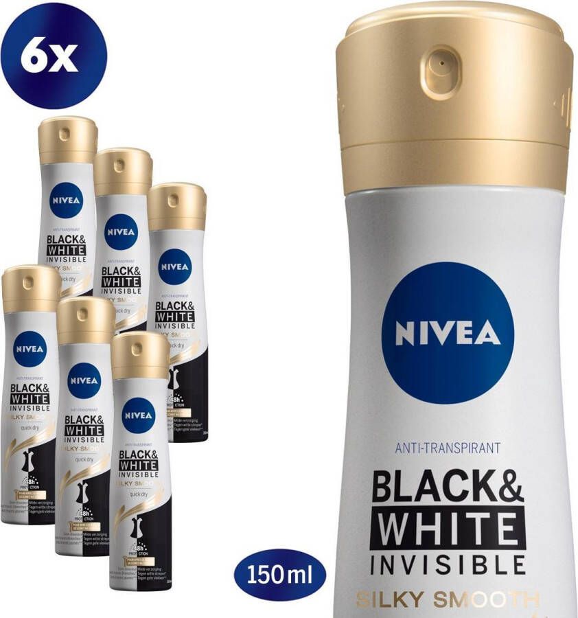 NIVEA Black & White Silky Smooth 6 x 150 ml Voordeelverpakking Deodorant Spray
