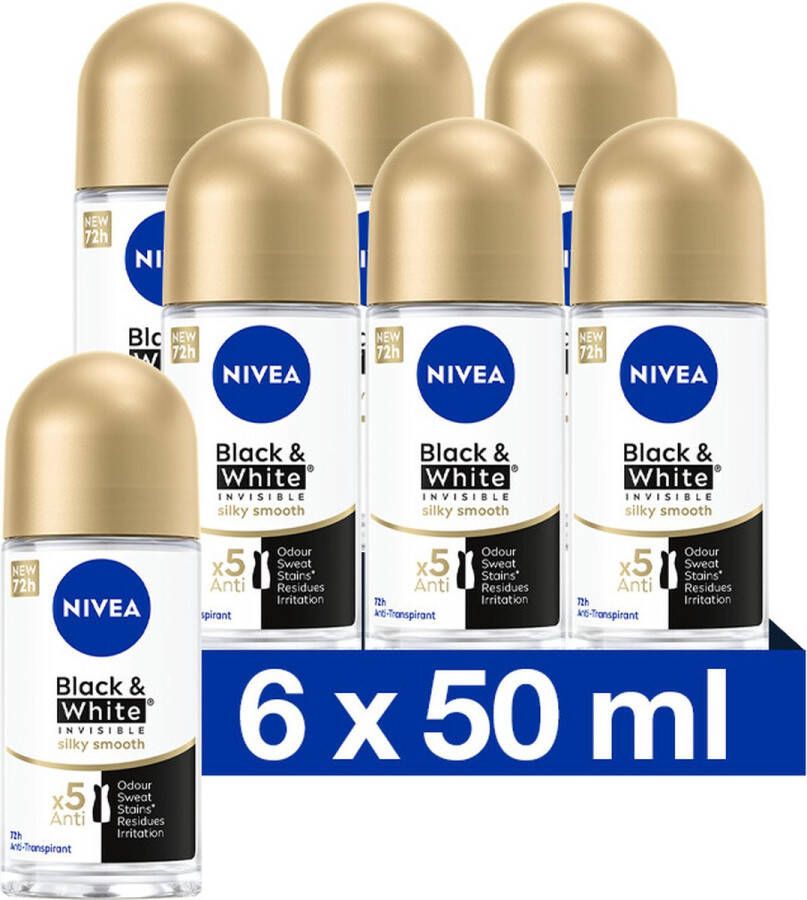 NIVEA Black & White Silky Smooth Anti-Transpirant Deo Roller Voor na het scheren Geen witte of gele strepen 72 uur bescherming Deodorant 6 x 50 ml Voordeelverpakking