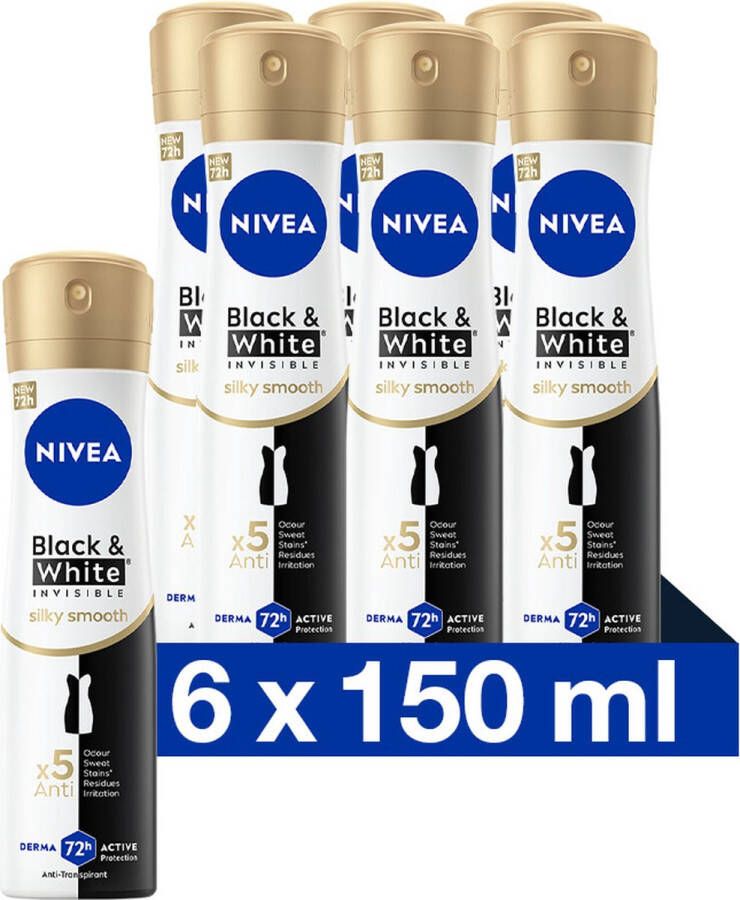 NIVEA Black & White Silky Smooth Deodorant Spray Voor na het scheren Geen witte of gele vlekken 72 uur bescherming 6 x 150 ml Voordeelverpakking