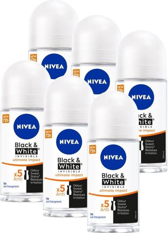 NIVEA Black & White Ultimate Impact Anti-Transpirant Deo Roller Deodorant Voordeelverpakking 6 x 50ml