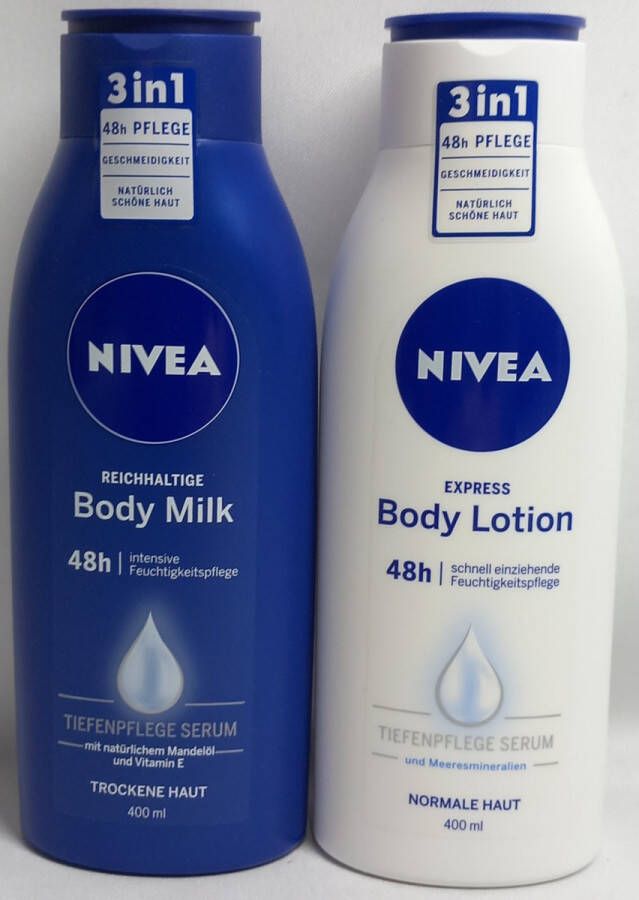 NIVEA Body Milk & Lotion 400 ml per Flacon Huid Verzorging Droge & Normale Huid Voordeel Set van 2 Soorten