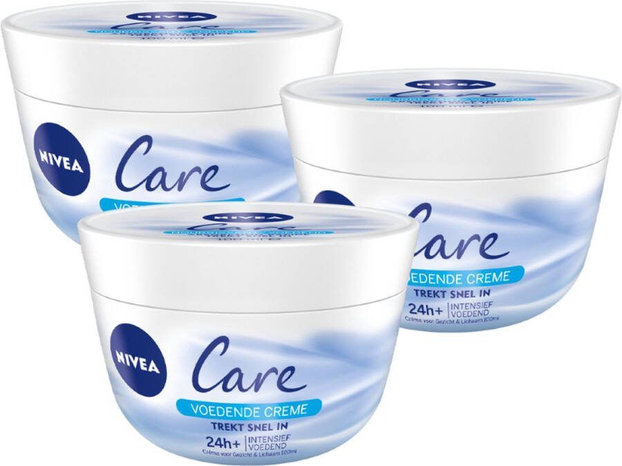 NIVEA Care Bodycrème Crème Voor gezicht handen en lichaam 24 uur lang intensieve voeding Voordeelverpakking: 3 x 200 ml