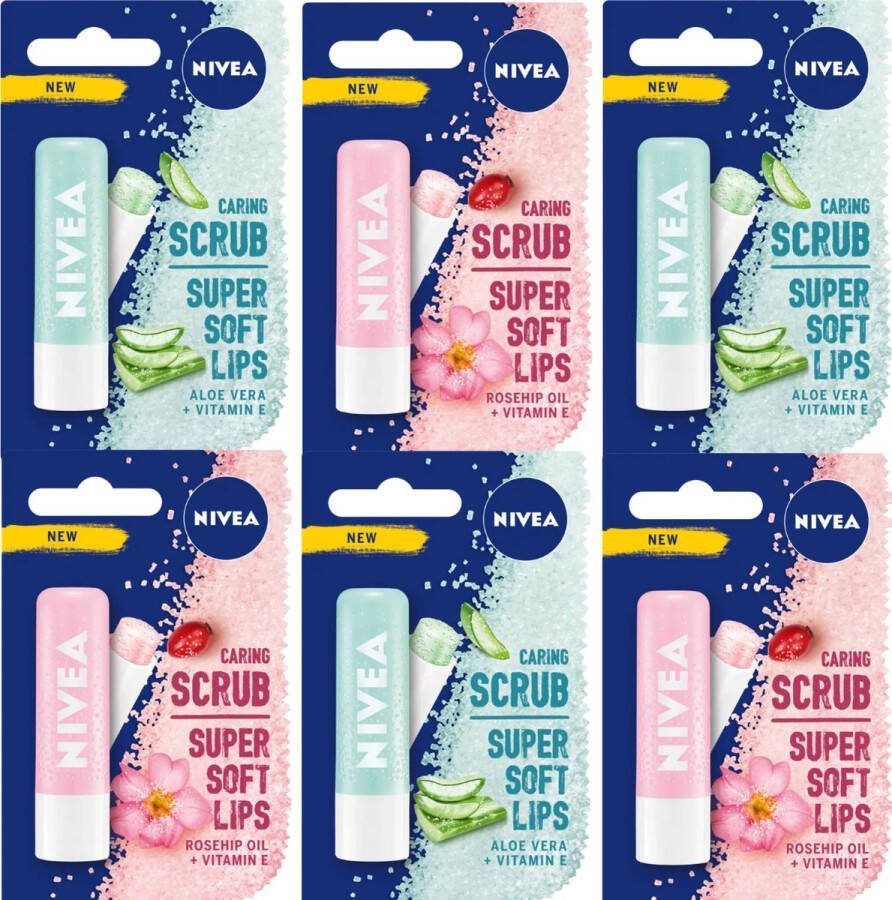 NIVEA Caring Lip Scrub Aloe Vera & Rosehip met Vitamin E Lippenbalsem Verzorgende Exfoliatie voor Zachte en Gezonde Lippen Lipscrub Lipbalsem 6 x 5.5 ml
