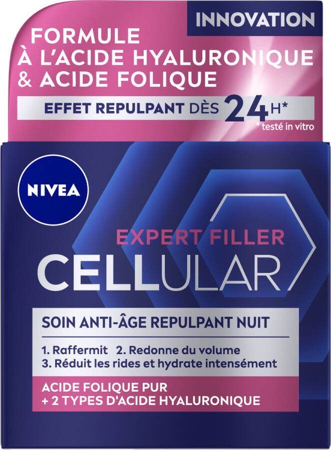NIVEA CELLular Expert Filler Anti-Age Nachtcrème Alle Huidtypes Crème met Hyaluronzuur en Foliumzuur Hydraterend en Anti-Rimpel Effect 50 ml