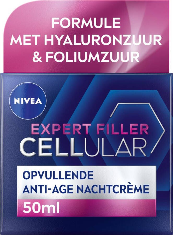 NIVEA CELLular Expert Filler Anti-Age Nachtcrème Alle Huidtypes Crème met Hyaluronzuur en Foliumzuur Hydraterend en Anti-Rimpel Effect 50 ml