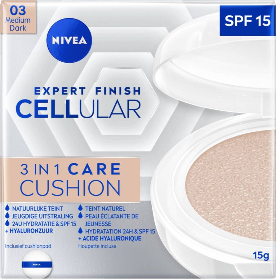 NIVEA Expert Finish Cellular 3in1 Care Cushion – Foundation – SPF 15 – Verrijkt met hyaluronzuur – Medium Dark – 15 g