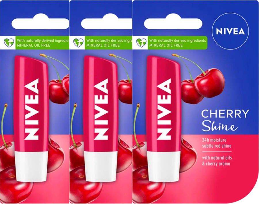 NIVEA Cherry Shine Lippenbalsem 3 x 5 ml Stick Lipbalsem Lipbalm Lipverzorging Verrijkt met Shea boter en Bio Jojoba olie