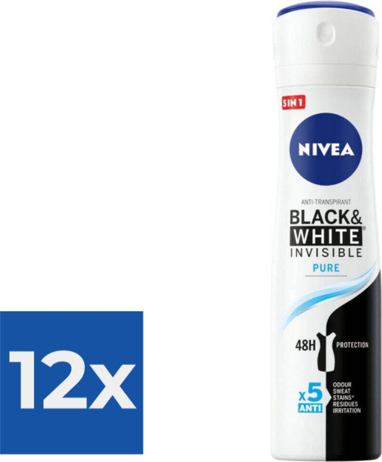 NIVEA Deodorant Spray Invisible For Black & White Pure 150 ml Voordeelverpakking 12 stuks