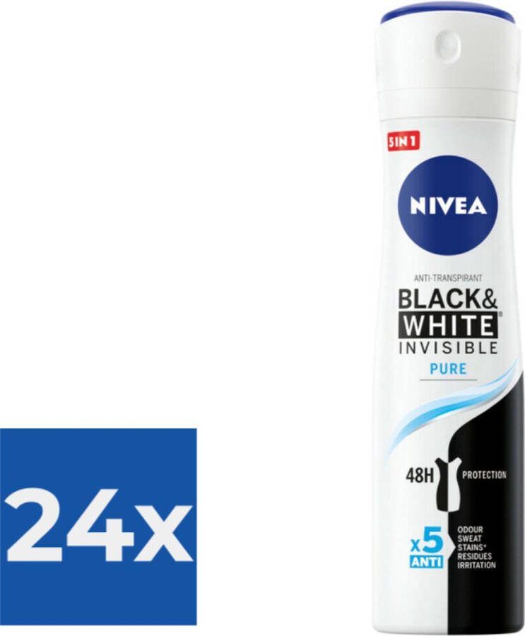 NIVEA Deodorant Spray Invisible For Black & White Pure 150 ml Voordeelverpakking 24 stuks