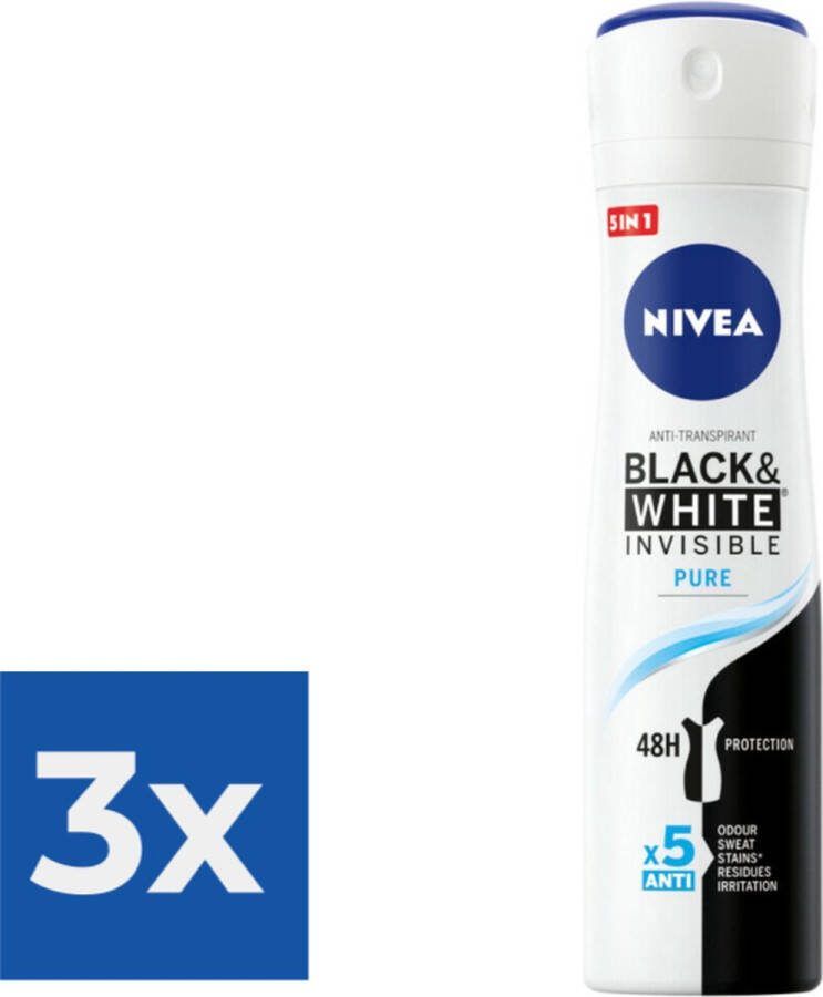 NIVEA Deodorant Spray Invisible For Black & White Pure 150 ml Voordeelverpakking 3 stuks