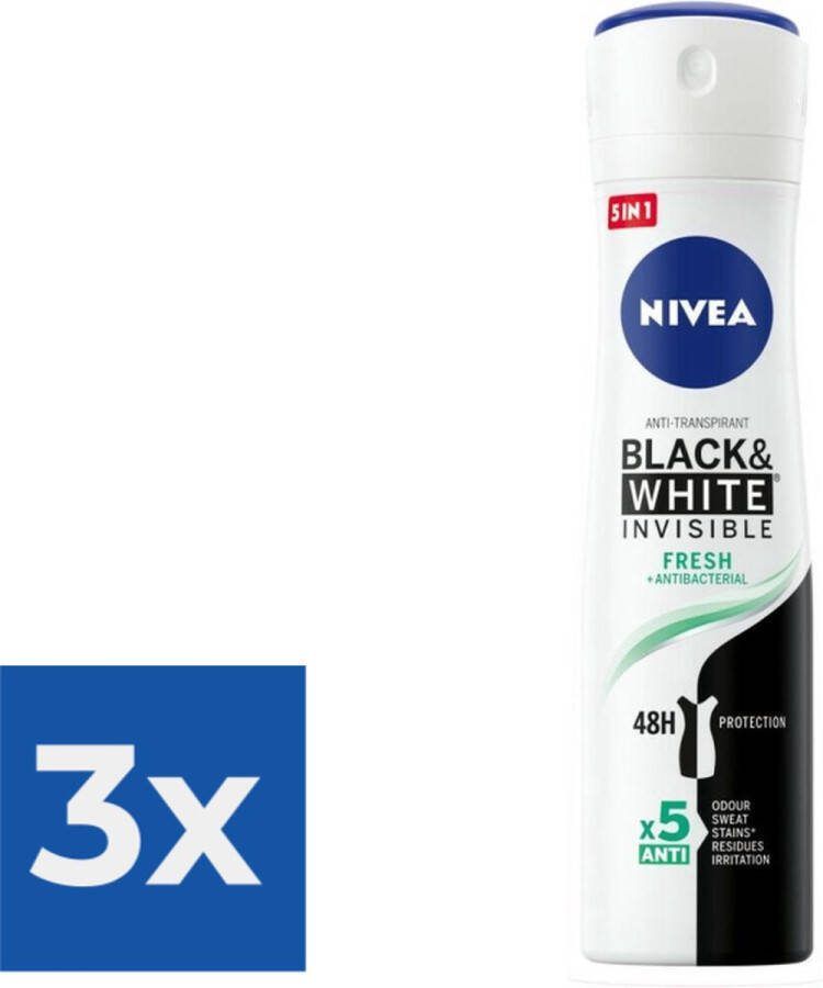 NIVEA Deodorant Spray Invisible Fresh For Black & White 150 ml Voordeelverpakking 3 stuks