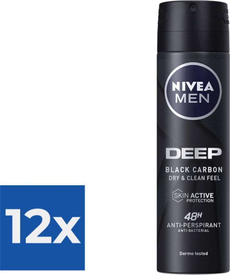 NIVEA Deodorant Spray Men Deep Black Carbon (150 ml) Voordeelverpakking 12 stuks