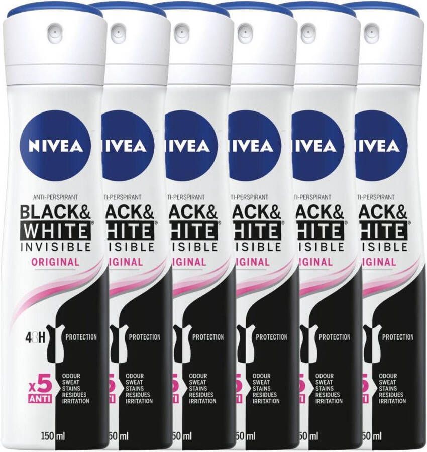 NIVEA Deospray Black & White Clear Women Deodorant 6x 150 ml Voordeelverpakking