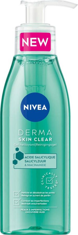 NIVEA DERMA Skin Clear Reinigingsgel Voor de onzuivere huid Met Salicylzuur (AHA) en Niacinamide Anti Acne Puistjes en Mee-eters Gezicht Wassen 150 ml