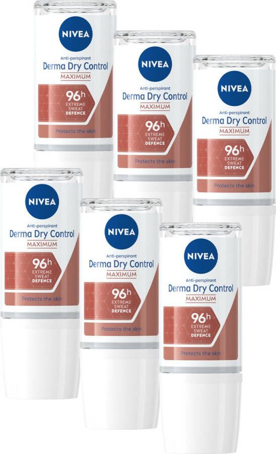 NIVEA Derma Control Maximum Anti-transpirant Deo Roller Tot 96 uur bescherming Deodorant Met DermaDry en melkzuur 6 x 50 ml Voordeelverpakking