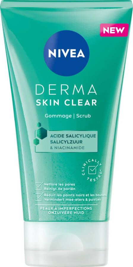 NIVEA DERMA Skin Clear Face Scrub Gezicht Gezichtsscrub Gezichtsreiniger Voor de onzuivere huid Met Salicylzuur (AHA) en Niacinamide Anti Acne Puistjes en Mee-eters 150 ml