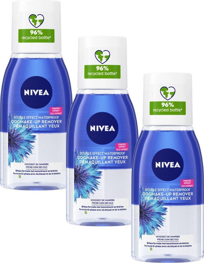 NIVEA Double Effect Oogmake-up Remover Oogmake-up remover Reinigt en verzorgt Met korenbloem en biotine 3 x 125 ml