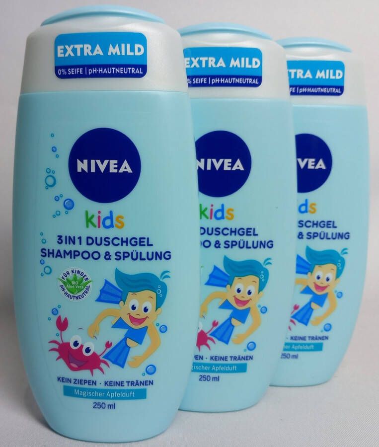 NIVEA Douchegel & Shampoo Extra Mild Kids 3 in 1 Appelgeur Kinder Shampoo Voordeel Set van 3 Stuks