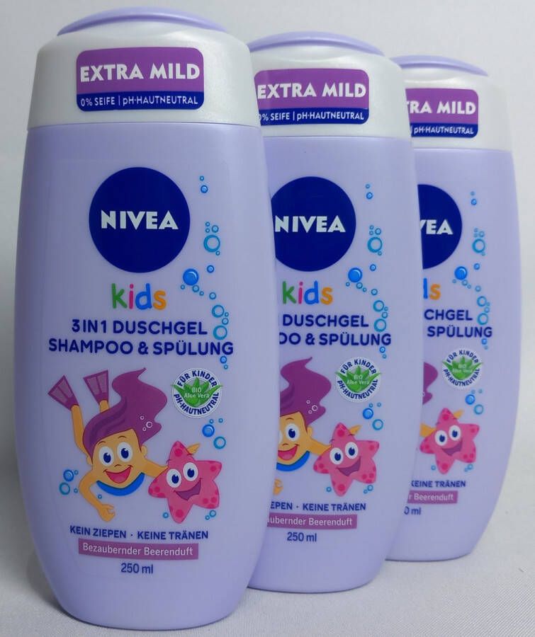 NIVEA Douchegel & Shampoo Extra Mild Kids 3 in 1 Bessengeur Kinder Shampoo Voordeel Set van 3 Stuks