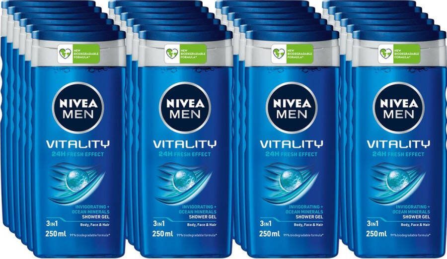 NIVEA Douchegel For Men Vitality Fresh 250 ml Voordeelverpakking 24 stuks