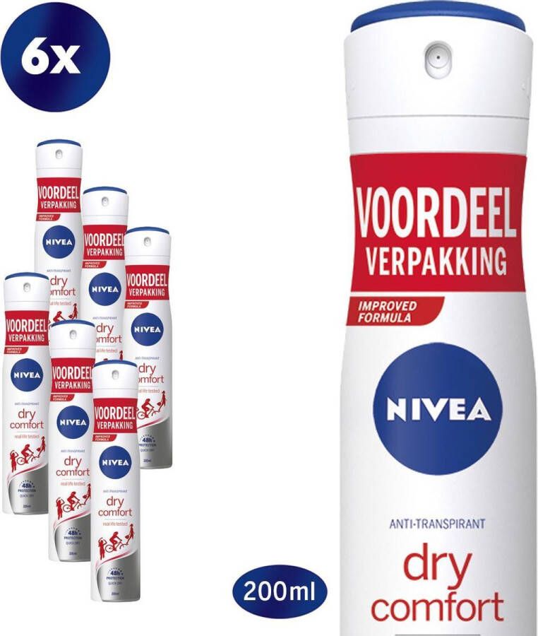 NIVEA Dry Comfort Deodorant Spray 6 x 200 ml Anti-Transpirant Voordeelverpakking