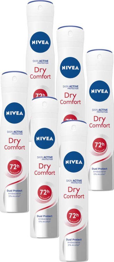 NIVEA Dry Comfort Deodorant Spray Anti-Transpirant Droog gevoel 72 uur bescherming Met mineralen en DryPlus-systeem Alcoholvrij 6 x 200 ml Voordeelverpakking