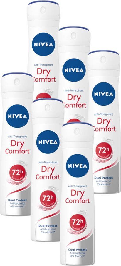 NIVEA Dry Comfort Deodorant Spray Anti-Transpirant Droog gevoel 72 uur bescherming Met mineralen en DryPlus-systeem Alcoholvrij 6 x 150 ml Voordeelverpakking
