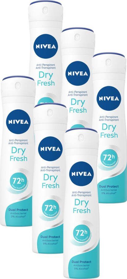 NIVEA Dry Fresh Deodorant Spray Anti-Transpirant 72 uur bescherming Antibacterieel Alcoholvrij Frisse geur 6 x 150 ml Voordeelverpakking