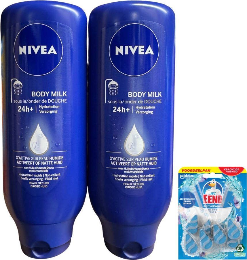 NIVEA & Wc Eend Nivea Body Milk Onder de Douche Multipack 2 x 400 ml met gratis wc eend wc blokjes 2 pack