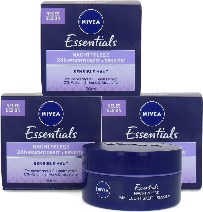 NIVEA Essentials Nachtcrème 3 x 50 ml (voor gevoelige huid)