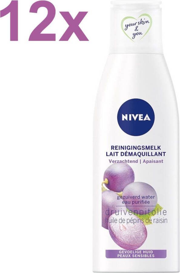 NIVEA Essentials Sensitive Druivenpitolie Reinigingsmelk 12x 200ml Voordeelverpakking