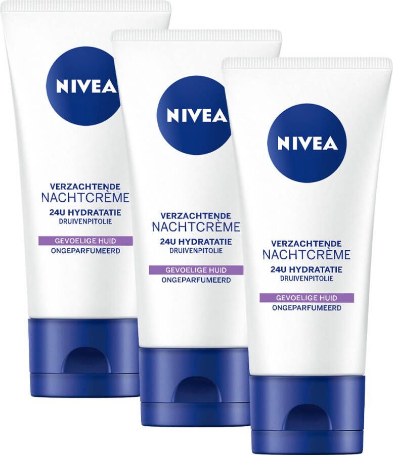 NIVEA Essentials Sensitive Nachtcrème Gevoelige huid Ongeparfumeerd en pH-neutraal Met zoethoutextract en druivenpitolie 3 x 50 ml