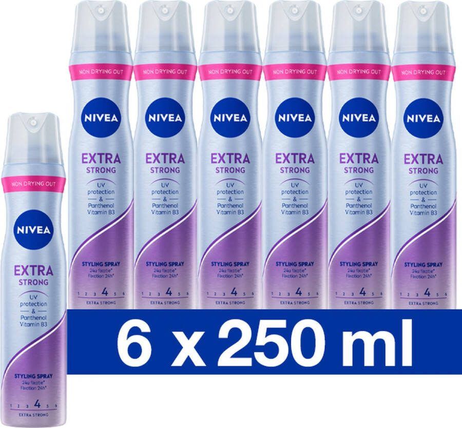 NIVEA Extra Strong Haarlak Haarspray met Stevige Fixatie tot 24 uur Haarverzorging voor alle Huidtypes 6 x 250 ml