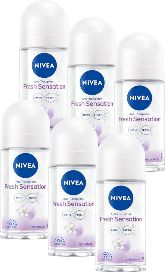 NIVEA Fresh Sensation Anti-transpirant Deo roller 72 uur bescherming Deodorant Alcoholvrij Geur van bloemen en bessen 6 x 50 ml Voordeelverpakking