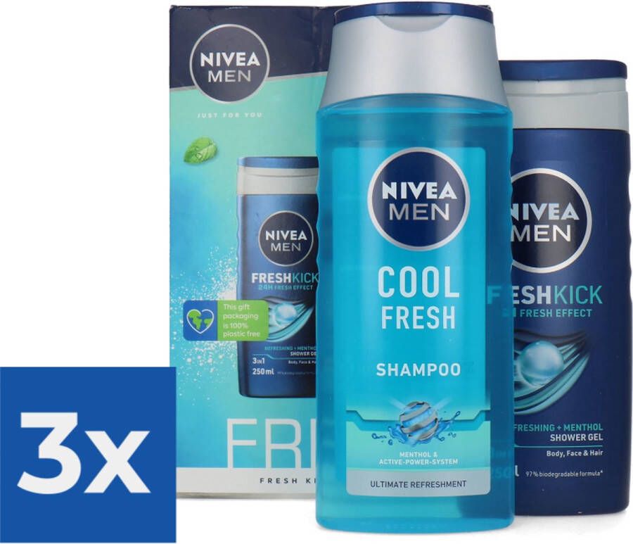 NIVEA Geschenk  Men Fresh Kick Douchegel & Shampoo Voordeelverpakking 3 stuks