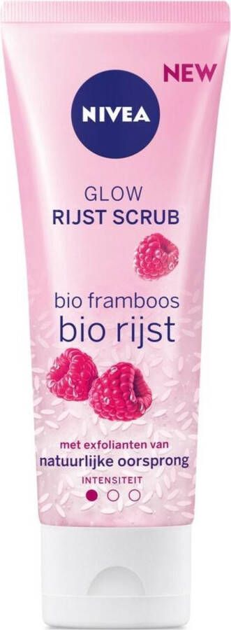 NIVEA Glow Rijstscrub Gezichtsscrub Droge en gevoelige huid Japonica-rijstzaden Bio framboos 75 ml