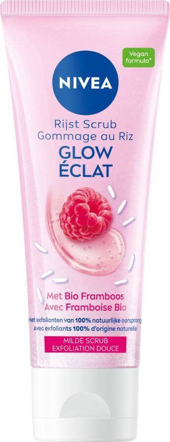 NIVEA Glow Face Rijstscrub Gezichtsscrub Reinigingsscrub Droge en gevoelige huid Scrub Gezicht Japonica-rijstzaden Bio framboos 75 ml