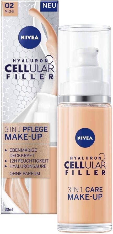 NIVEA Hyaluron Cellular Filler 3-in-1 verzorgende make-up #02 Medium (30 ml) hydraterende foundation met hyaluron gezichtsmake-up