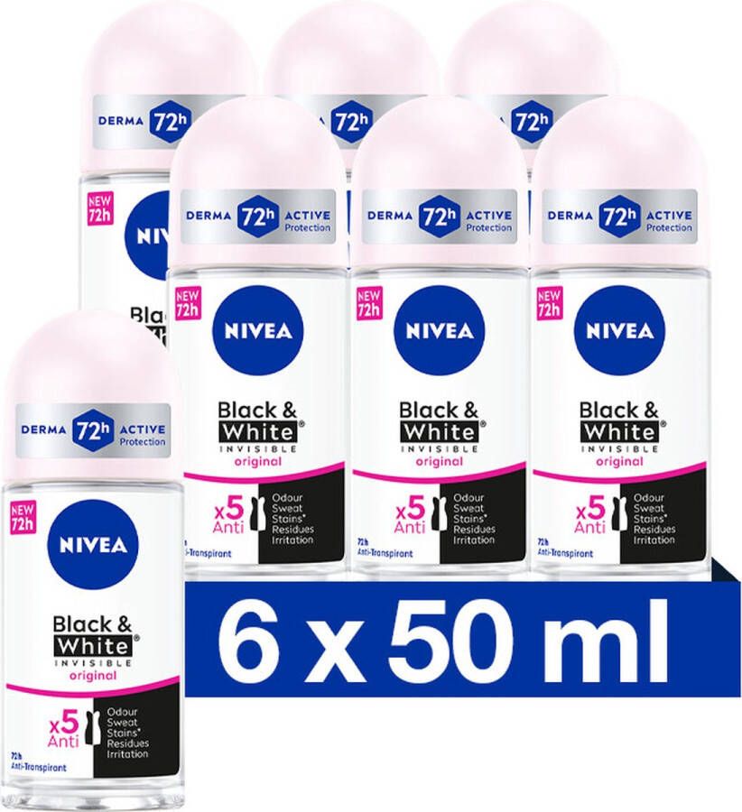 NIVEA Invisible For Black & White Clear Anti-Transpirant Deo Roller Geen witte of gele strepen Deodorant Beschermt 72 uur 6 x 50 ml Voordeelverpakking